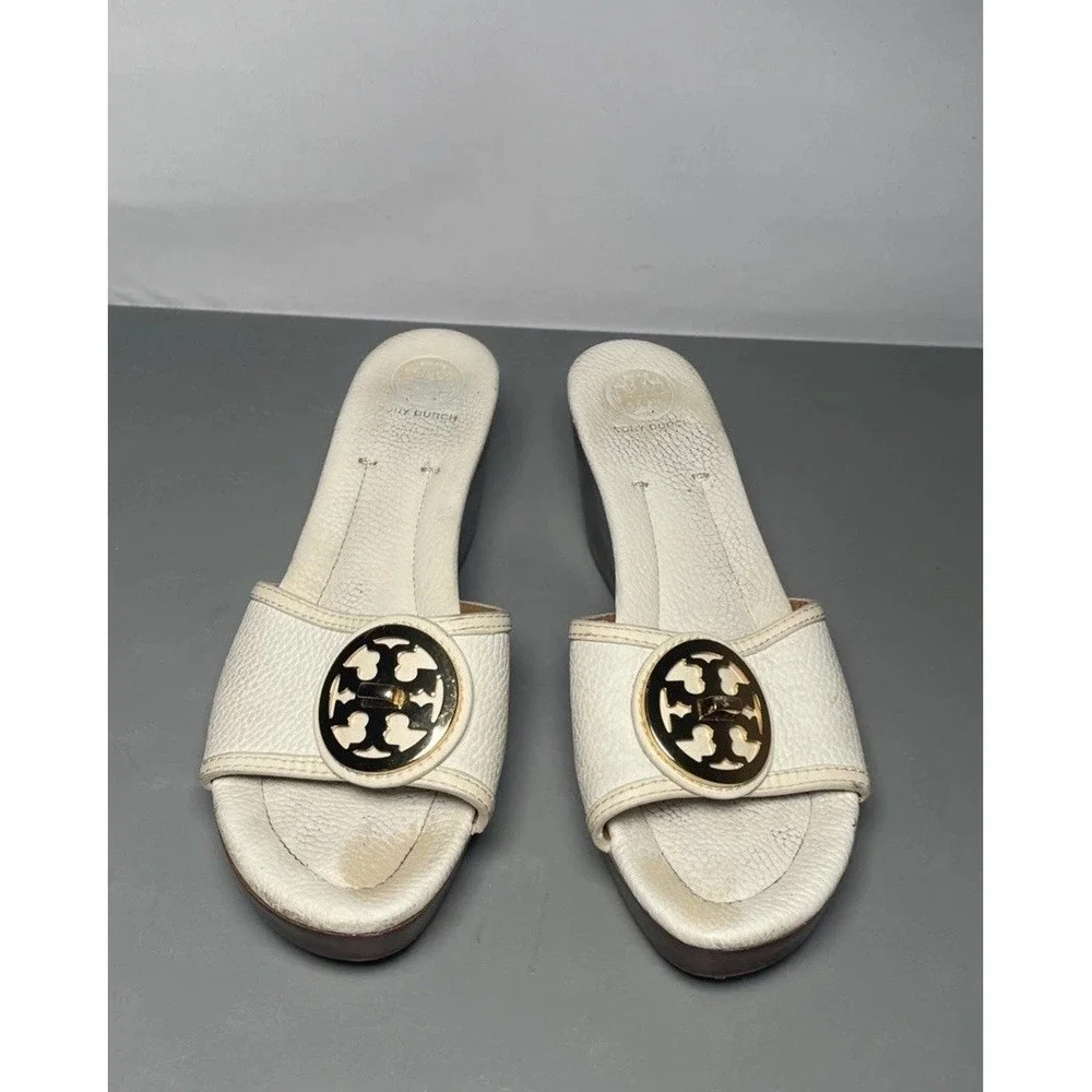 Tory Burch Women's White Leather Slide Wedge Sandals Gold Logo Slip-On US 10.5M